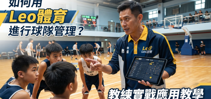 這張圖片展示了一位籃球教練在室內球場上，手持平板電腦向年輕球員們進行指導。 平板螢幕顯示著詳細的戰術數據，教練正向專注聆聽的球員們講解「Leo體育」的實戰應用。